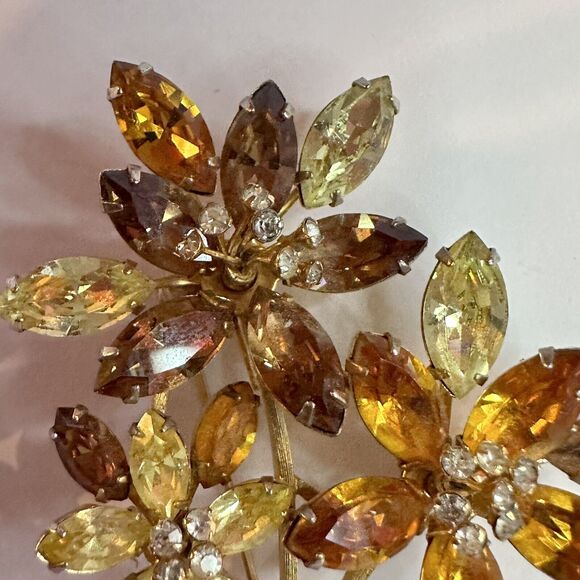 Vintage Vendome Brooch Flower Gold Tone Topaz Color Rhinestones Flower Pin 3 In - Picture 16 of 16